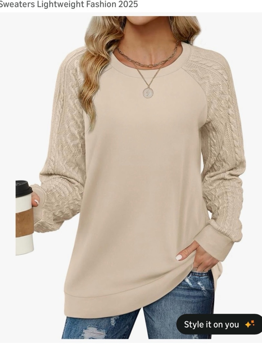 Amazon Cream Cable-Sleeve Raglan Pullover Sweater